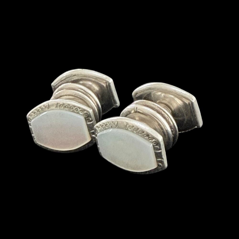 Vintage 1960s Pioneer Mother of Pearl Silver Tone Shield Snap Cufflinks Pair